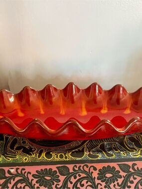 Vintage MCM Canadian Art Pottery Leaf Tray – Fiery Flame Orange Drip Glaze
